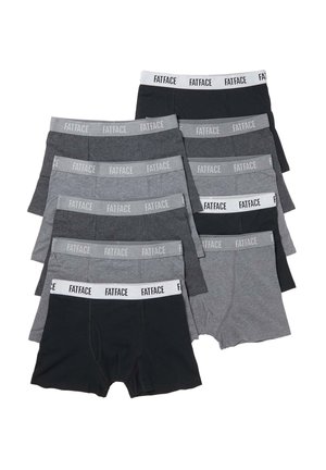 Neun Paar Herrenboxershorts in Schwarz und verschiedenen Grautönen, jeweils mit einem gebrandeten Bund mit der Aufschrift FatFace.