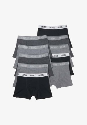 Neun Paar Herrenboxershorts in Schwarz und verschiedenen Grautönen, jeweils mit einem gebrandeten Bund mit der Aufschrift FatFace.
