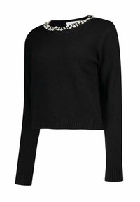 Maglione cropped nero a maniche lunghe con polsini e orlo a coste, caratterizzato da un collo rotondo adornato con grandi embellishments di perline trasparenti.