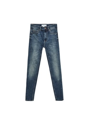 Slim-fit farkuhousut tummansinisinä, joissa on vaaleampia pesualueita. Varustettu viidellä taskulla ja metallinappikiinnityksellä vyötäröllä.