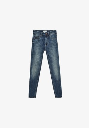 Schmal geschnittene Jeans in dunkelblau mit helleren Waschbereichen. Mit fünf Taschen und einem Metallknopfverschluss an der Taille.