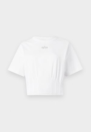 White cropped t-shirt made of soft fabric, featuring short sleeves, a crew neck, and a subtle silver logo on the chest.