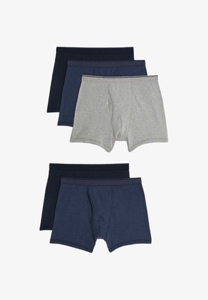 Cuatro pares de calzoncillos tipo bóxer para hombre en colores azul marino, gris y negro, dispuestos en dos conjuntos superpuestos sobre un fondo blanco.
