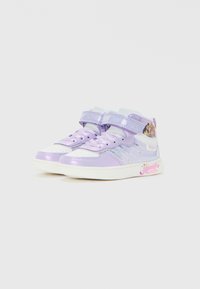 Children’s high-top sneakers in metallic lavender and white with velcro straps, decorative sequins, and cartoon character details on the heel.