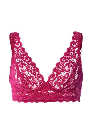 Bralette en dentelle rose fuchsia avec motifs floraux, bretelles réglables et bords festonnés sur fond blanc.