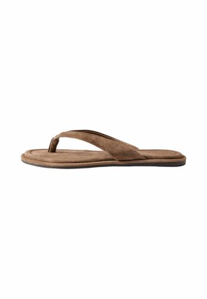 Brown suede thong sandal with cushioned footbed and flat black sole, shown from the side on a white background.