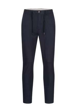 Marineblå joggebukser laget av lett stoff, med snor i midjen og knapp foran, med smalere ben og to sidelommer.