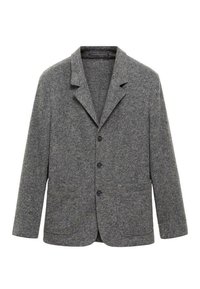 Blazer grigio in lana con colletto a bavero, tre bottoni, due tasche frontali e una finitura testurizzata. Forma classica e su misura con una vestibilità rilassata.