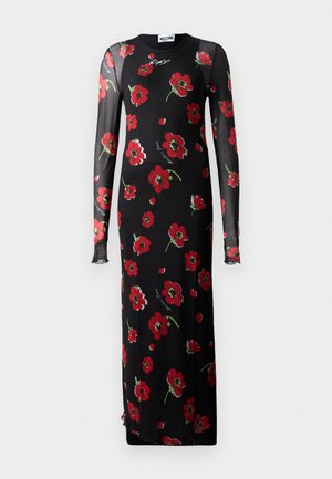 Vestido preto de mangas compridas com um padrão floral de flores vermelhas. Feito de tecido transparente. Decote redondo com uma ligeira abertura nas mangas.