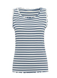 Sleeveless top featuring horizontal blue and white stripes, ribbed texture, and a scalloped neckline with similar detailing along the armholes.