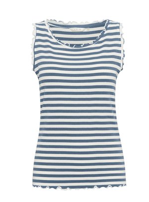 Débardeur sans manches avec des rayures horizontales bleues et blanches, texture côtelée et encolure en forme de vagues avec des détails similaires le long des emmanchures.