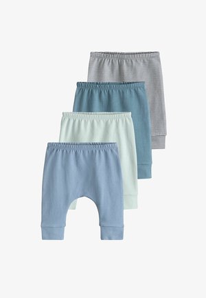 Vier Paare von Babypants in verschiedenen Blau- und Grüntönen, aus weichem Stoff, mit elastischen Taillenbändern und gerippten Bündchen. Ein Paar hat ein gestreiftes Design.