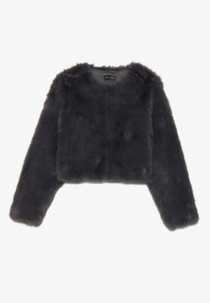 Donkergrijze cropped neplederen jas met lange mouwen en ronde hals, plat weergegeven op een witte achtergrond.