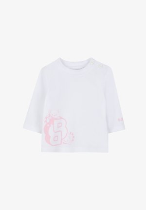 T-shirt blanc en coton à manches courtes, orné d'un graphisme rose représentant des animaux joueur et de la lettre "B" sur le devant ; fermeture à boutons-pression à l'épaule.