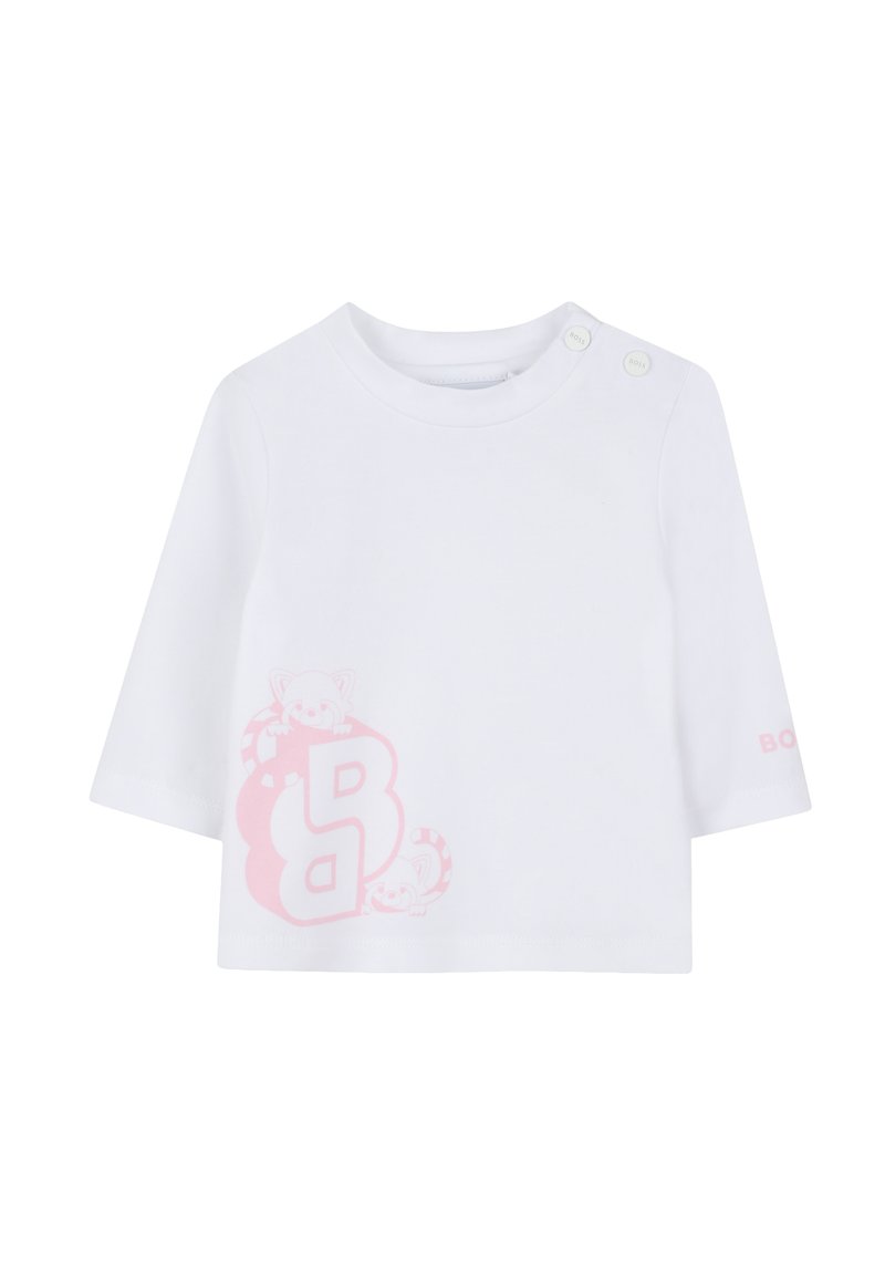 T-shirt blanc en coton à manches courtes, orné d'un graphisme rose représentant des animaux joueur et de la lettre "B" sur le devant ; fermeture à boutons-pression à l'épaule.