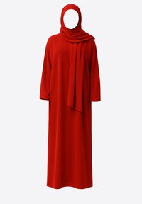 Rotes Hijab- und Kleid-Set aus weichem Stoff. Das Kleid hat lange Ärmel und ein lockeres, fließendes Design mit passendem Schal.