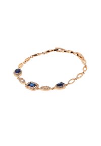 Brăţară din aur roz, cu pietre preţioase albastre şi accente de cristal, având un design cu link-uri ovale şi dreptunghiulare alternate. Textură netedă.