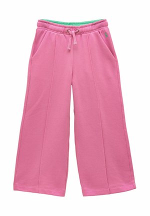 Ružové široké teplákové nohavice s elastickým pásom, sťahovacou šnúrkou, bočnými vreckami a malým vyšívaným logom na pravej strane bedier.