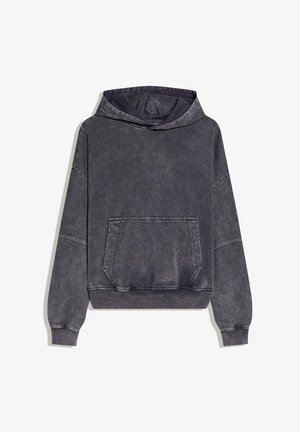 Mørkegrå, falmet pullover-hoodie med stor forlommekængurulomme foran samt ribstrikkede manchetter og kant.