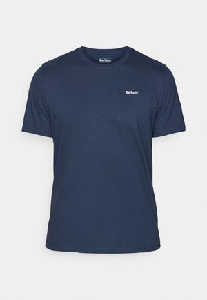 Navy blue cotton t-shirt with short sleeves, featuring a small front pocket and a white "Barbour" logo above the pocket.