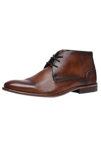 Braune Leder-Chukka-Stiefel mit glatter Oberfläche, abgerundetem Zeh, minimalen Nähakzenten und Schnürdesign. Robuste Holzsohle.