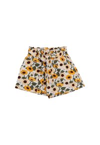 Floral shorts with a white background, featuring yellow sunflowers and dark brown accents, elastic waistband, and a relaxed fit.