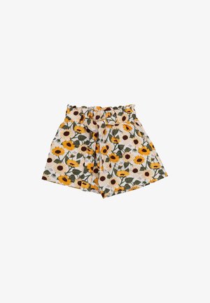 Floral shorts with a white background, featuring yellow sunflowers and dark brown accents, elastic waistband, and a relaxed fit.