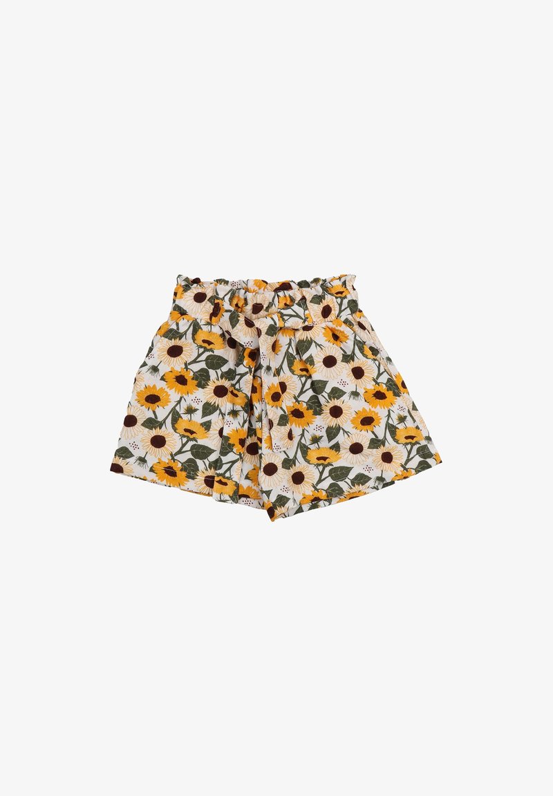 Blumen-Shorts mit weißem Hintergrund, die gelbe Sonnenblumen und dunkelbraune Akzente zeigen, elastischer Taillenbund und lockere Passform.