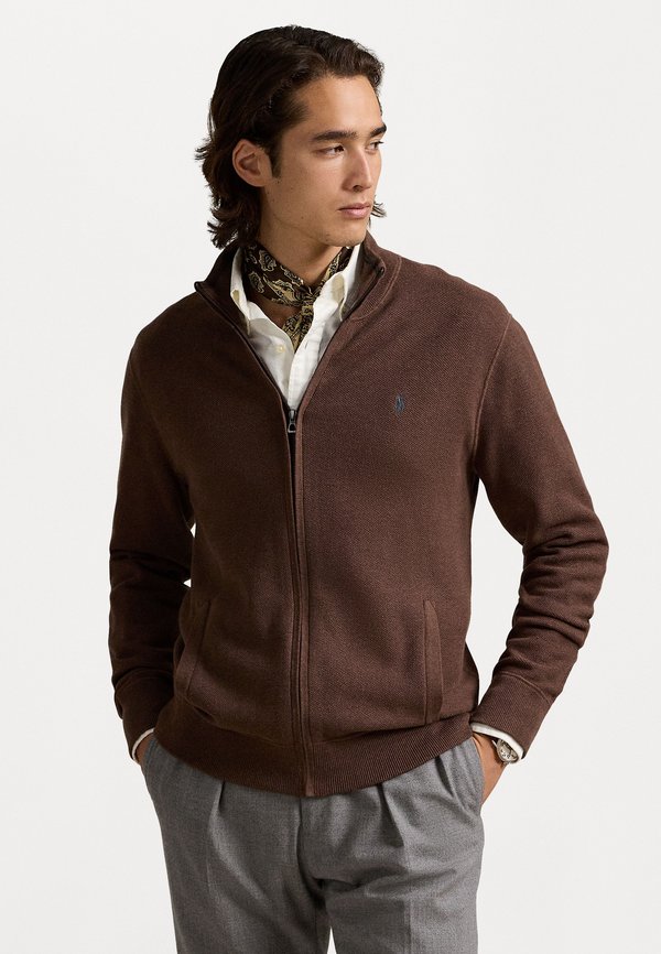 MESH KNIT COTTON FULL ZIP SWEATER - Cardigan - dark roast melange