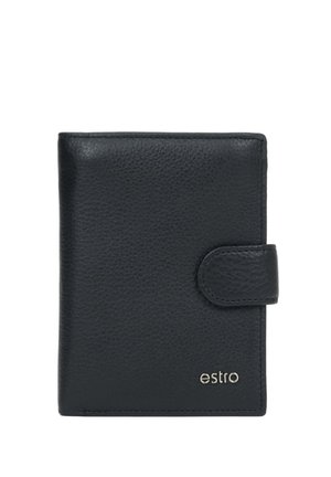 Czarny portfel z teksturowanej skóry z zapięciem na zatrzask i srebrnym logo „estro” w dolnym prawym rogu.