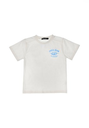 White short-sleeve T-shirt with blue "Pizza Club" text and pizza slice graphic on the left chest area, round neckline.