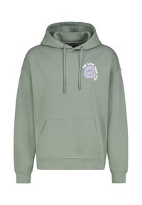 Hoodie van lichtgroene katoenmix. Voorzien van een voorzak, geribde boorden en de tekst "THE GOOD VIBES CLUB" op de borst.
