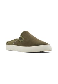 Khaki slip-on shoes with a soft suede upper, white rubber sole, and subtle stitching detail along the edge. Rounded toe design.