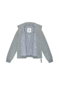 Grå, zip-up jacka med en mjuk, texturerad utsida och en slät, glänsande foder. Har en hög krage och ribbade cuffs. Inre etikett synlig.