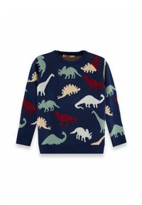 Navyblauer Kinderpullover mit bunten Dinosauriermustern, darunter T-Rex, Triceratops und Brachiosaurus in Rot, Grün, Beige und Weiß.