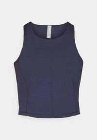 Tmavo plavi bezbretni crop top s okruglim izrezom, glatke teksture i vidljivim šavovima sa strane.