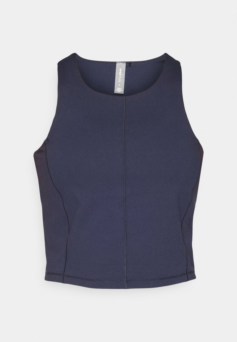 Top corto senza maniche blu navy con scollatura rotonda, texture liscia e cuciture visibili sui lati.