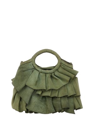 Borsa verde realizzata in materiale testurizzato, con un design arricciato e manico rotondo. Dettagli decorativi completano la struttura.