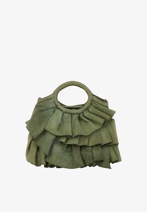 Borsa verde realizzata in materiale testurizzato, con un design arricciato e manico rotondo. Dettagli decorativi completano la struttura.