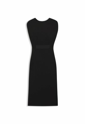 Black fitted dress with a round neckline and sleeveless design. Smooth fabric with a defined waist accent and knee-length hem.