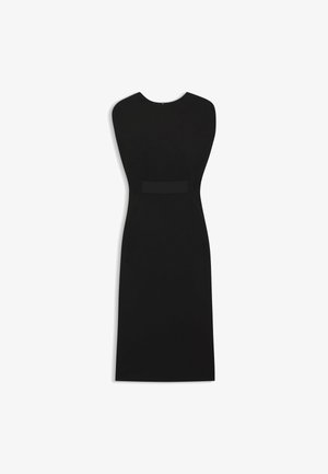 Abito aderente nero con scollo rotondo e design senza maniche. Tessuto liscio con vita definita e orlo all'altezza del ginocchio.