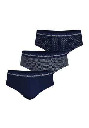 Trois slips pour hommes bleu marine avec différents motifs blancs et des ceintures de marque portant l'inscription « Eminence » sur un fond blanc.
