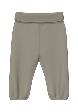 Light grayish-green toddler pants with elastic waist and cuffs, displayed flat against a white background.