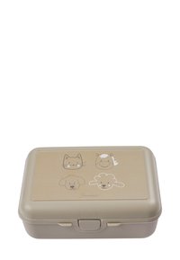 Beige rechteckige Brotdose mit Schnappverschluss, auf dem Deckel mit einfachen Cartoon-Gesichtern eines Katers, Pferds, Hundes und Schafes.