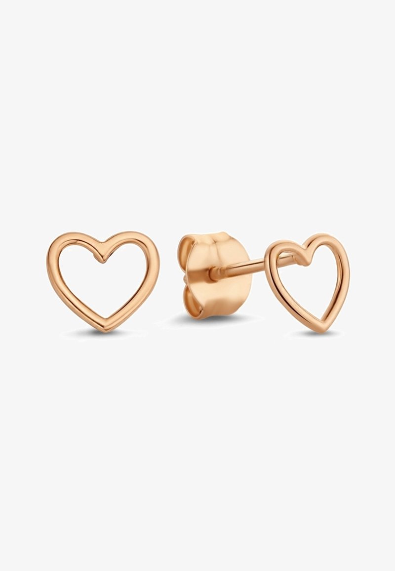 Boucles d'oreilles en forme de cœur en or rose avec un design ouvert. Présente une finition lisse et polie, ainsi qu'un fermoir simple pour un port sécurisé.