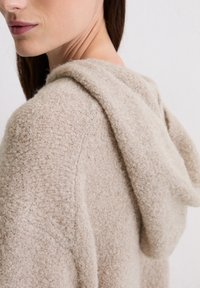 Maglione beige con cappuccio realizzato in un morbido tessuto testurizzato, caratterizzato da una vestibilità comoda e cuciture sottili, che mette in evidenza un aspetto accogliente e caldo.