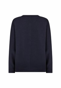 Dunkelblaues Langarm-Sweatshirt mit Rundhalsausschnitt und sichtbar verlaufender zentraler Naht, die vertikal entlang des Rückens verläuft.
