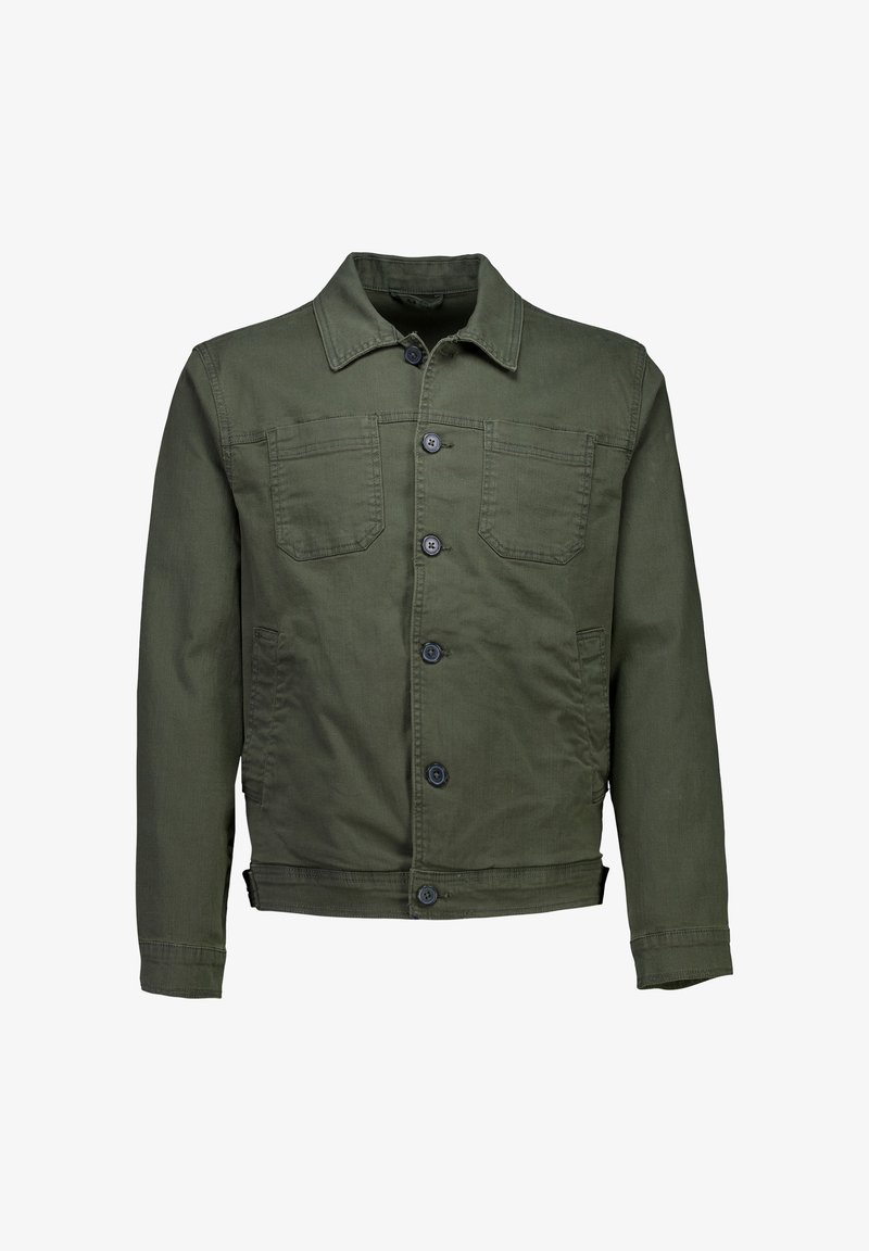 Chaqueta verde oliva de algodón con cierre de botones en la parte delantera, dos bolsillos en el pecho y diseño corto. Cuenta con botones negros y cuello clásico.