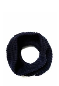 Navy blue knitted infinity scarf with ribbed texture, featuring a continuous loop design. Soft material, suitable for warmth.