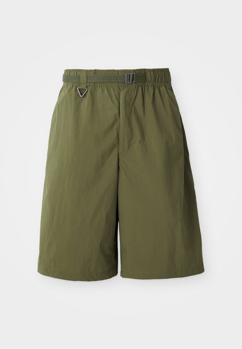 Green nylon shorts with an elastic waistband and adjustable belt. Features a secure metal D-ring and a smooth texture.